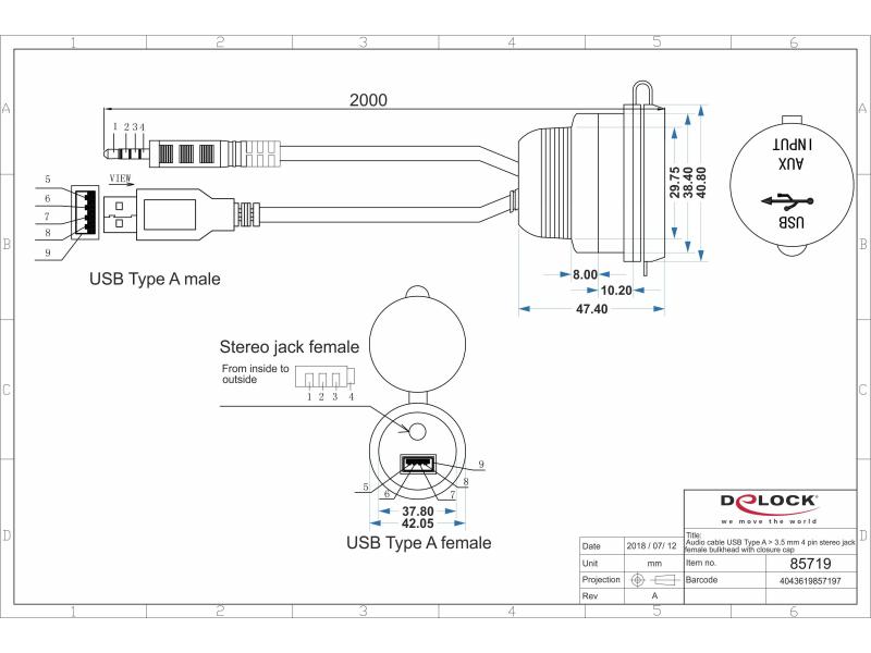 Delock USB 2.0-Einbaukabel USB2.0 &amp; 3.5mm Klinike 2m, mit Deckel