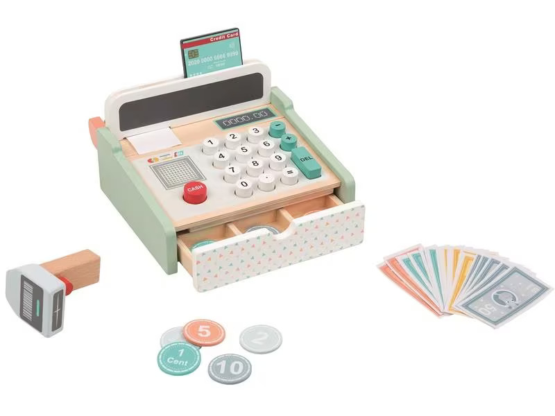 Spielba Holzspielwaren Spielgeld Kasse mit Scanner + Holzrechner