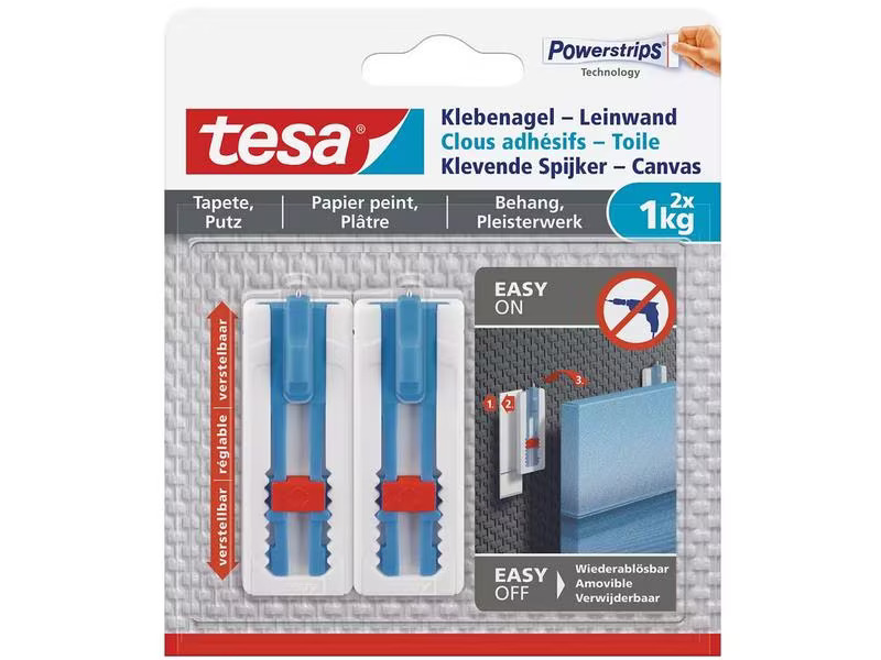 tesa Klebenagel -Set 1 kg, 3x für Tapeten + Putz, verstellbar
