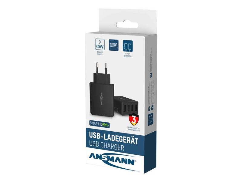Ansmann USB-Wandladegerät Home Charger HC430, 4x USB, 30 W, Schwarz