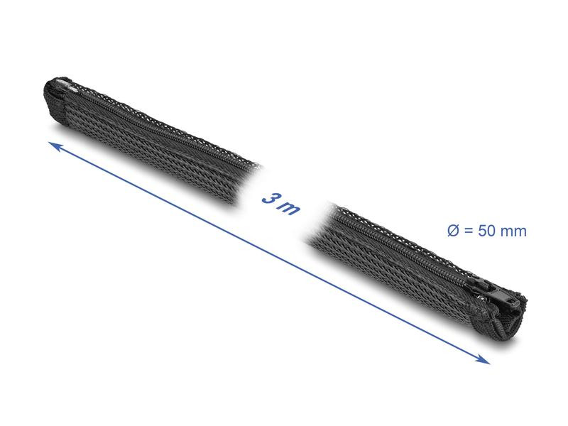 Delock Kabelschlauch 3 m x 50 mm, mit Reissverschluss, Schwarz