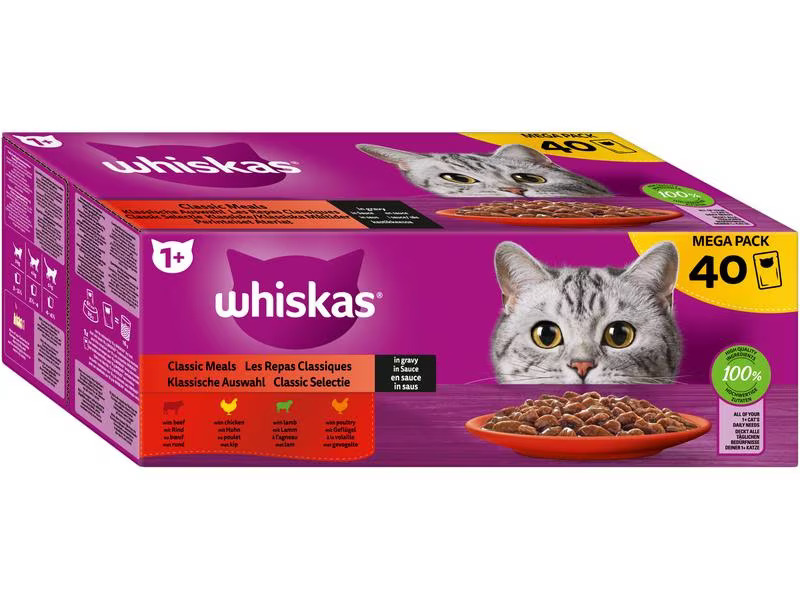 Whiskas Nassfutter 1+, Klassische Auswahl in Sauce, 40 x 85 g
