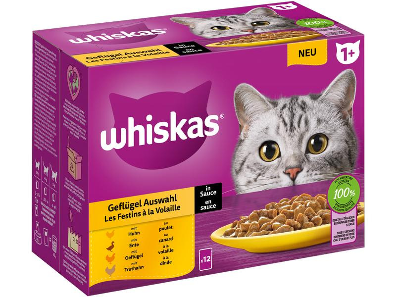 Whiskas Nassfutter 1+, Geflügel Auswahl in Sauce, 12 x 85 g