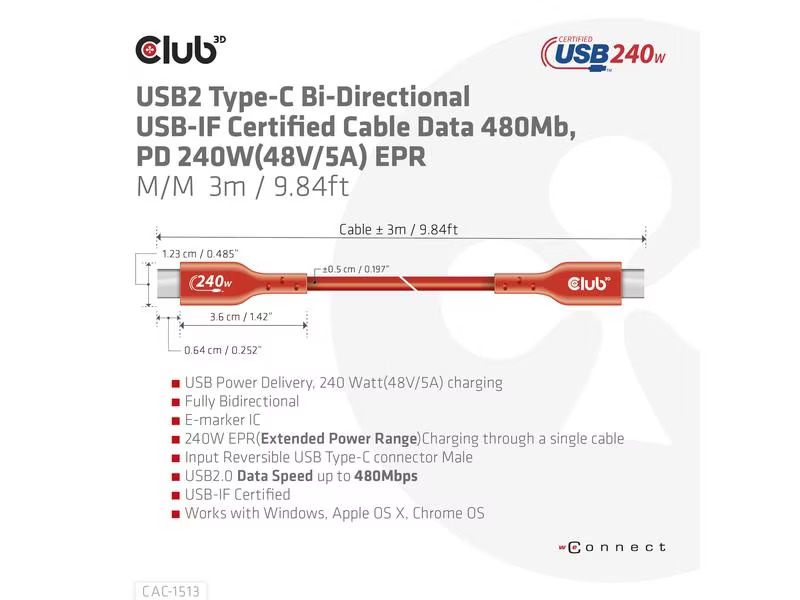 Club 3D USB-Ladekabel CAC-1513 USB C - USB C 3 m