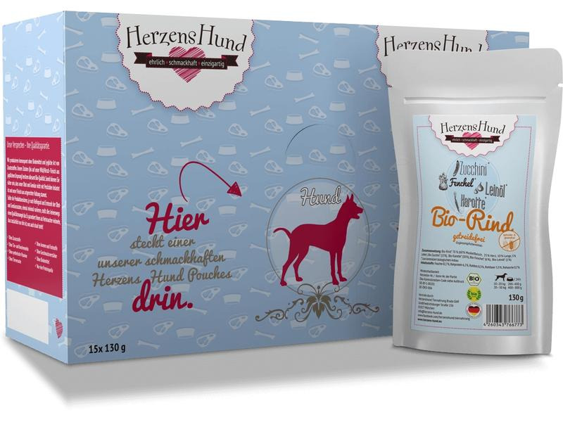 HerzensHund Nassfutter Getreidefrei Bio-Rind mit Bio-Zucchini, 130 g