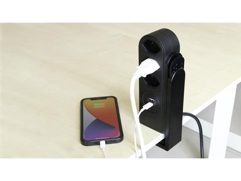 STEFFEN Tischsteckdosenleiste Clamp 3x T13, USB-A+C, Schwarz