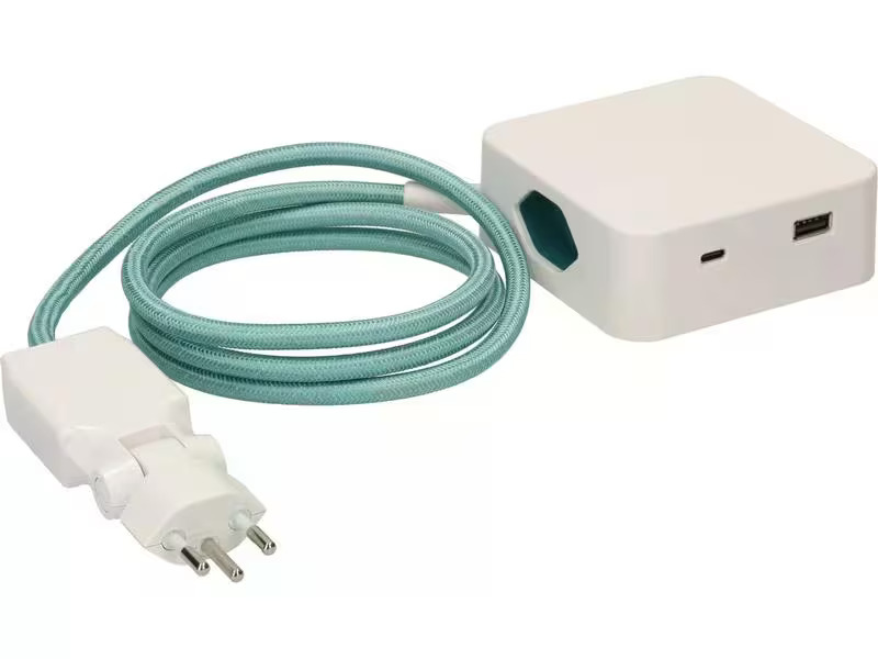 maxTex Steckdosenleiste Cube 3x T13, USB A/C, Weiss/Türkis