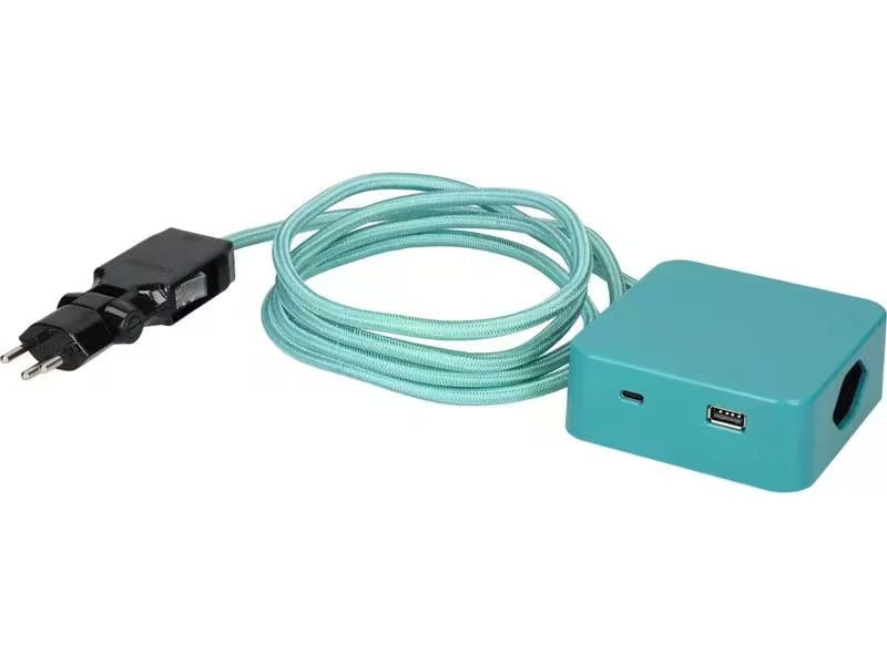 maxTex Steckdosenleiste Cube 3x T13, USB A/C, Türkis/Schwarz