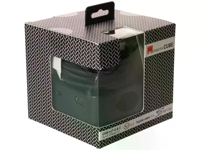 maxTex Steckdosenleiste Cube 3x T13, USB A/C, Schwarz/Schwarz