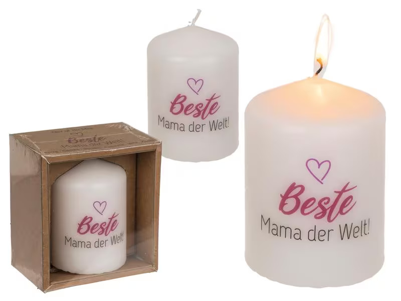 G. Wurm Stumpenkerze Beste Mama der Welt 8 x 6 cm, Weiss