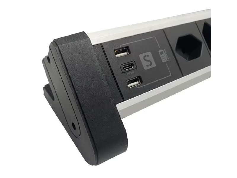 Schönenberger Tischsteckdosenleiste Alu 4× T13, 1x USB-C, 2x USB-A, 2 m