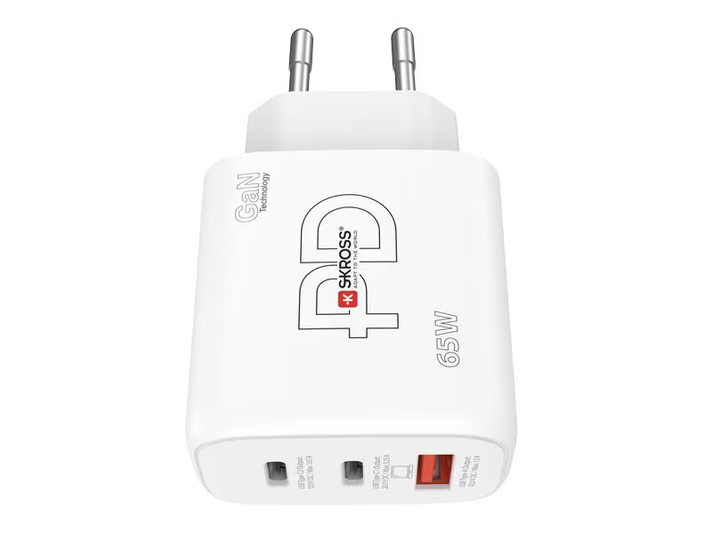 SKROSS USB-Wandladegerät GaN EU, 2x USB-C, 1x USB-A, 65 W, Weiss