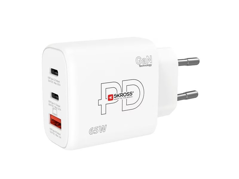 SKROSS USB-Wandladegerät GaN EU, 2x USB-C, 1x USB-A, 65 W, Weiss
