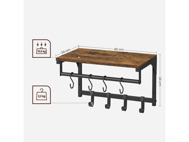 VASAGLE Wandregal mit 8 Haken 40 x 24 cm, Braun/Schwarz