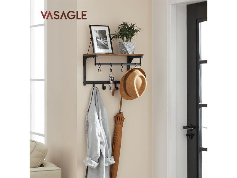VASAGLE Wandregal mit 8 Haken 40 x 24 cm, Braun/Schwarz