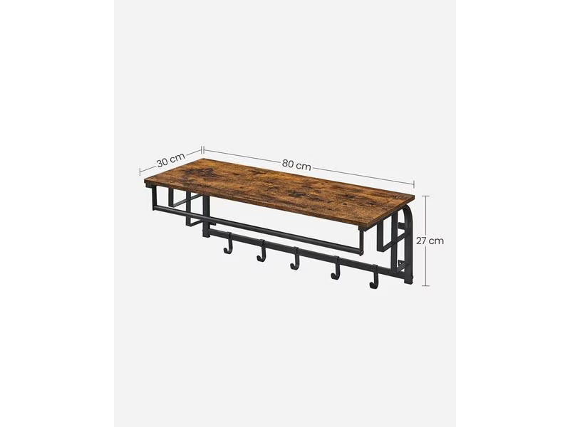 VASAGLE Wandregal mit 5 abnehmbaren Haken 80 x 30 cm, Braun/Schwarz
