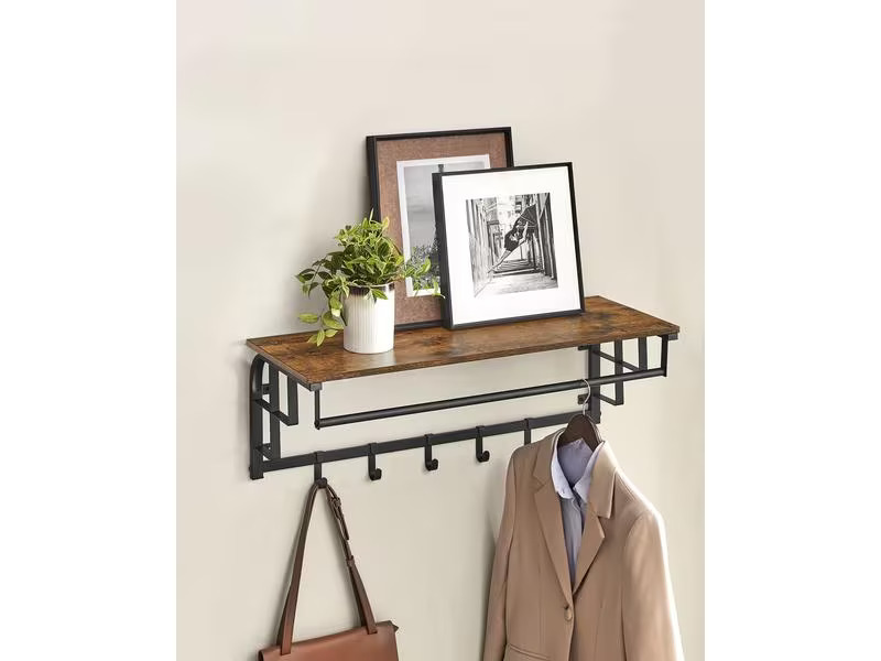 VASAGLE Wandregal mit 5 abnehmbaren Haken 80 x 30 cm, Braun/Schwarz