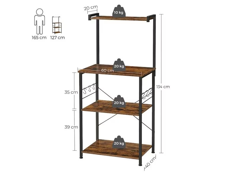 VASAGLE Küchenregal mit 6 Haken 127 x 60 cm, Braun/Schwarz