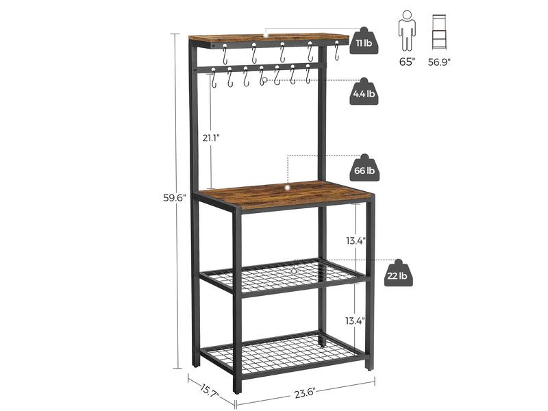 VASAGLE Küchenregal mit 12 Haken 151.5 x 60 cm, Braun/Schwarz