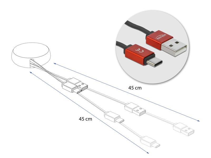 Delock USB-2.0-Kabel USB-A - USB-C Autorollfunktion, schwarz / rot