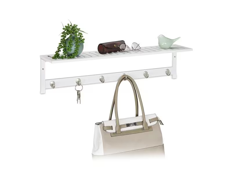 relaxdays Garderobenleiste mit Ablage 6 Haken, Weiss