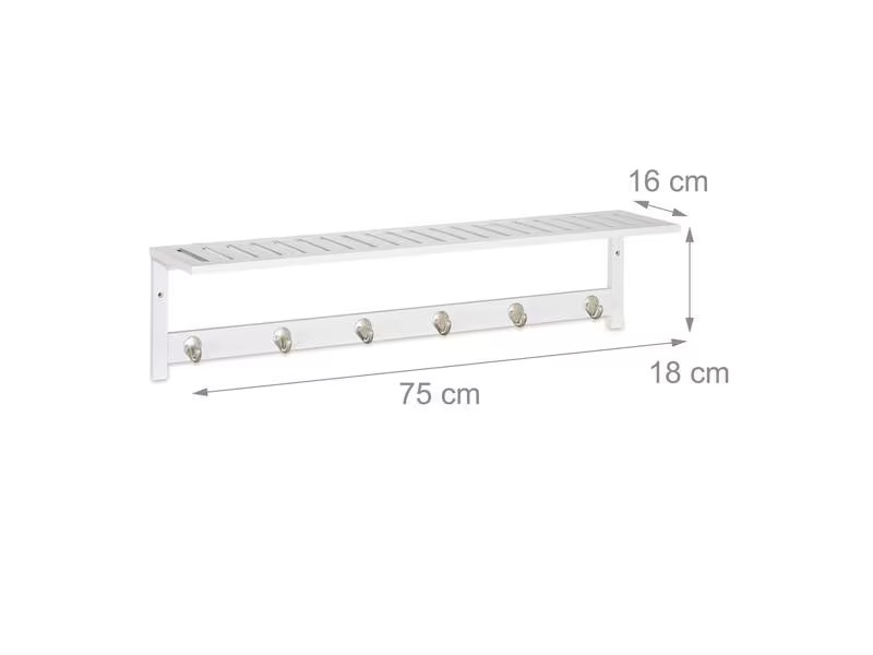 relaxdays Garderobenleiste mit Ablage 6 Haken, Weiss