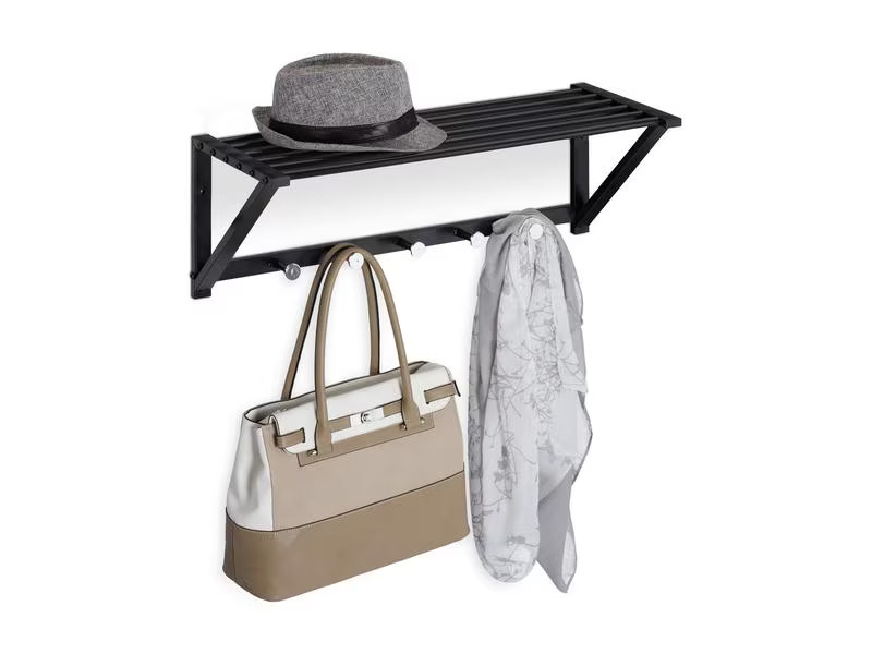 relaxdays Garderobenleiste mit Ablage 5 Haken, Schwarz