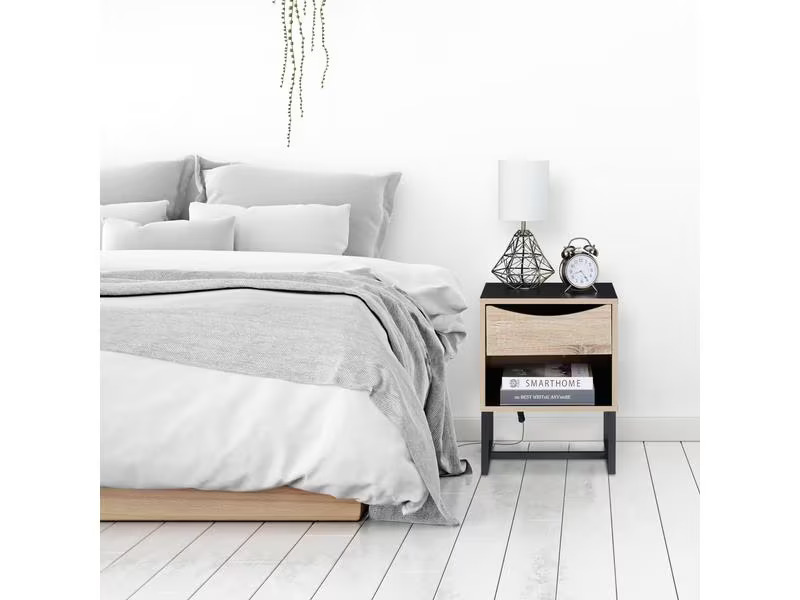 relaxdays Nachttisch mit 1 Schublade 50 x 39 cm, Nature/Schwarz