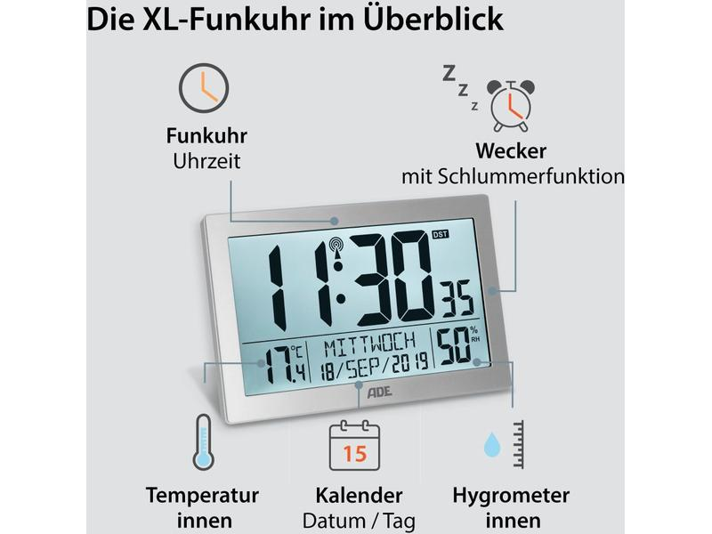 ADE Funk-Wanduhr XL, Silber