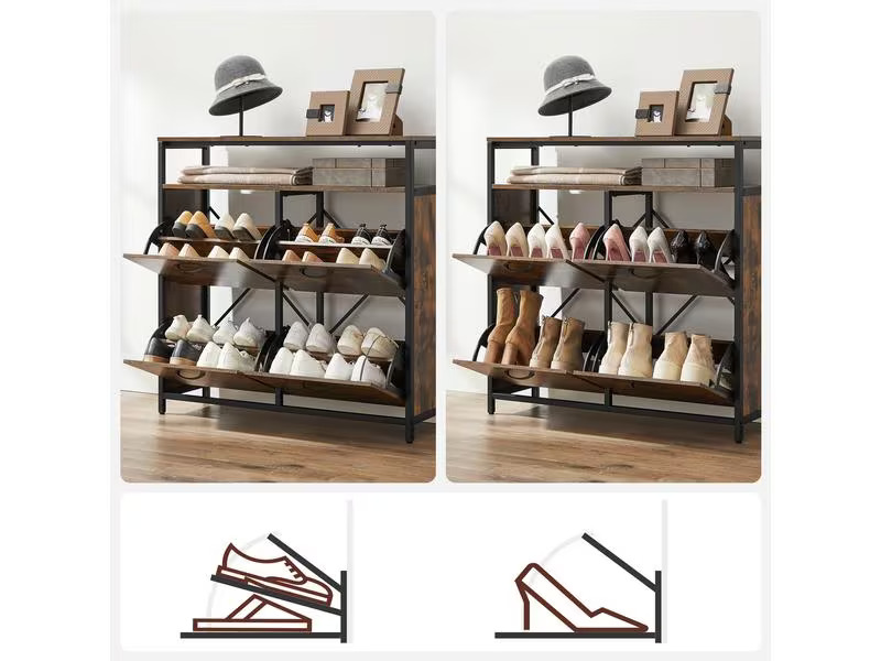 VASAGLE Schuhschrank  mit 4 Klappen 95 x 98.3 cm, Braun/Schwarz