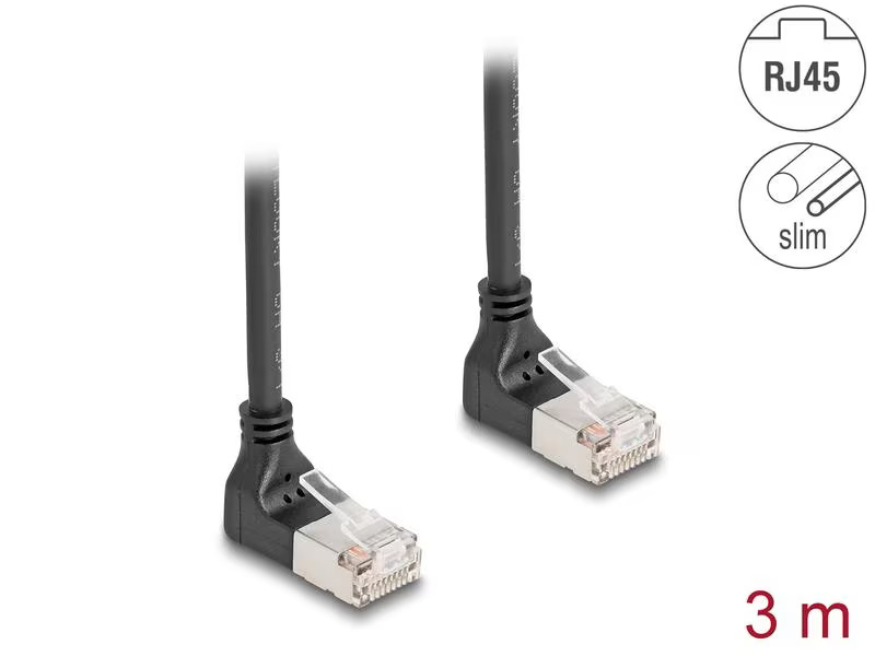 Delock Patchkabel 90° oben gewinkelt Cat 6A, S/FTP, 3 m, Schwarz