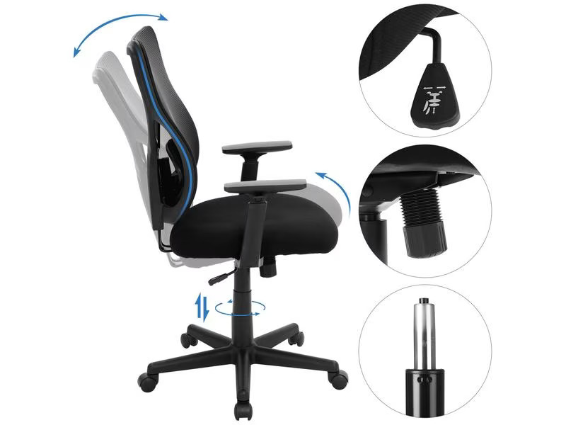 Songmics Bürostuhl mit Netzrücken und Armlehnen, Schwarz