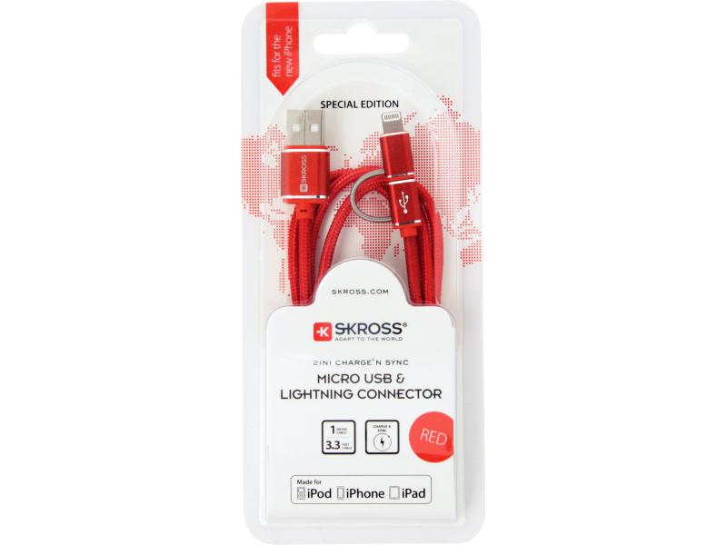 SKROSS USB 2.0-Metallkabel Charge'n Sync 2in1 Red Steel Line 1 m