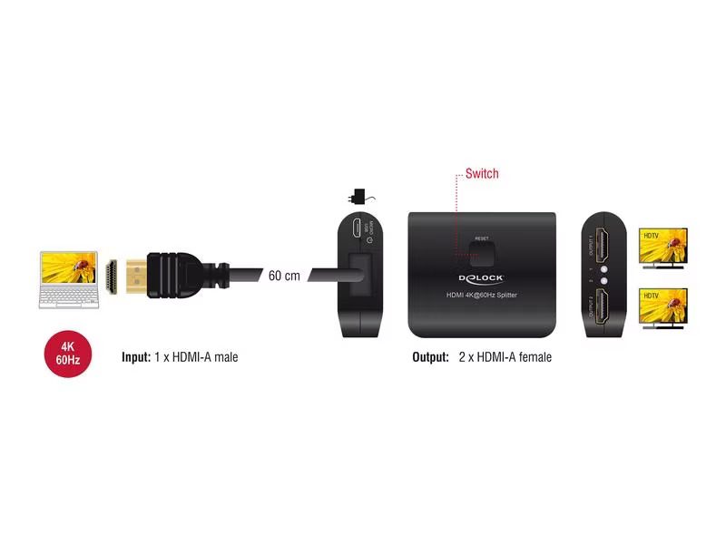Delock 2-Port Signalsplitter HDMI – HDMI 4K 60 Hz mit Downscaler