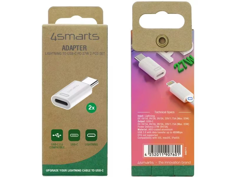 4smarts Adapter Lightning auf USB-C PD 27W 2er Set