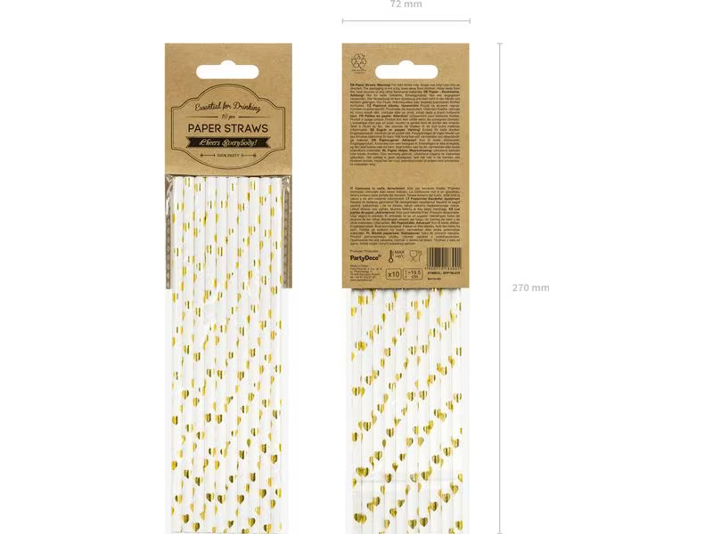 Partydeco Strohhalm Herzen 10 Stück, Gold/Weiss