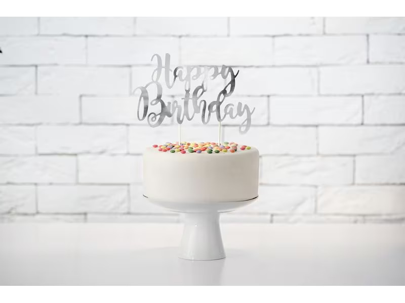 Partydeco Kuchen-Topper Happy Birthday 1 Stück, Silber