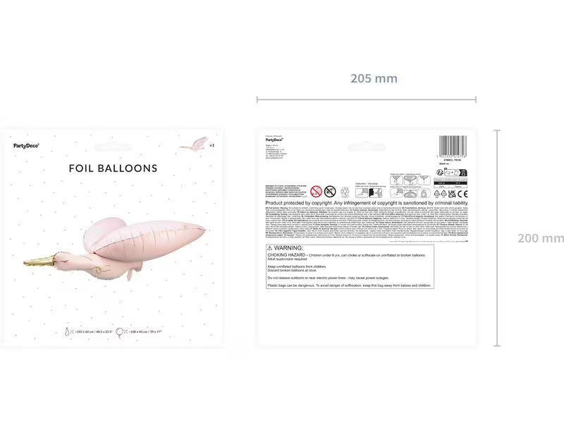 Partydeco Folienballon Storch 103 x 60 cm, Hellrosa