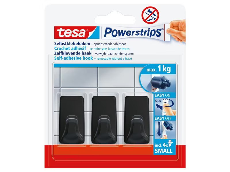 tesa Klebehaken Powerstrips S Eckig, Schwarz