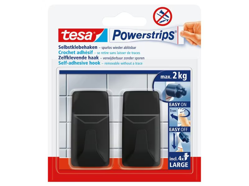 tesa Klebehaken Powerstrips L Eckig, Schwarz