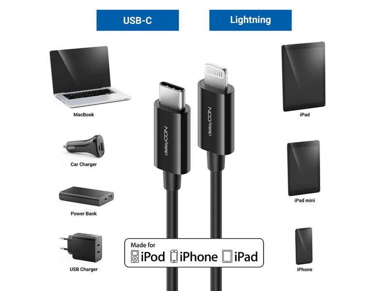 deleyCON USB-2.0-Kabel USB-C – Lightning 2 m
