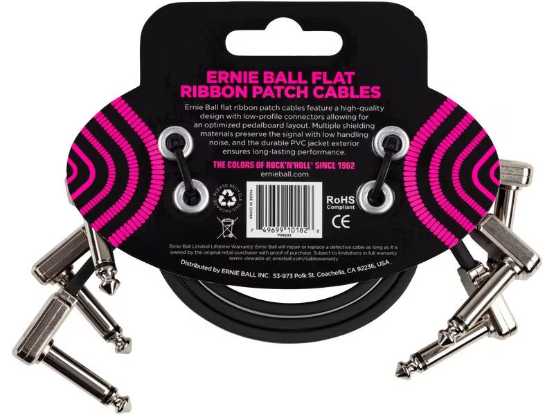 Ernie Ball Patch-Kabel 6222 Flat Ribbon 3er Pack – 0.3 m, Schwarz