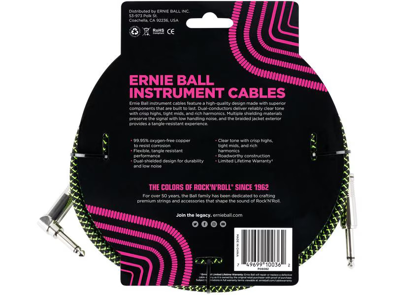 Ernie Ball Instrumentenkabel 6082 – 5.49 m, Grün/Schwarz
