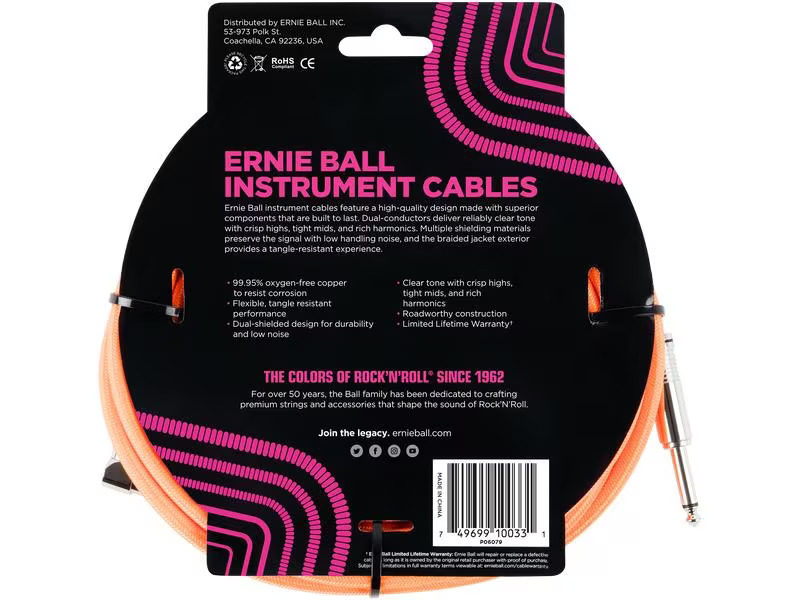 Ernie Ball Instrumentenkabel 6079 – 3.05 m, Neonorange