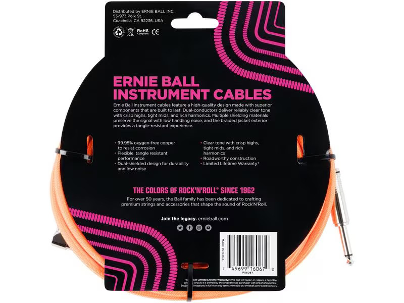 Ernie Ball Instrumentenkabel 6067 – 7.62 m, Neonorange