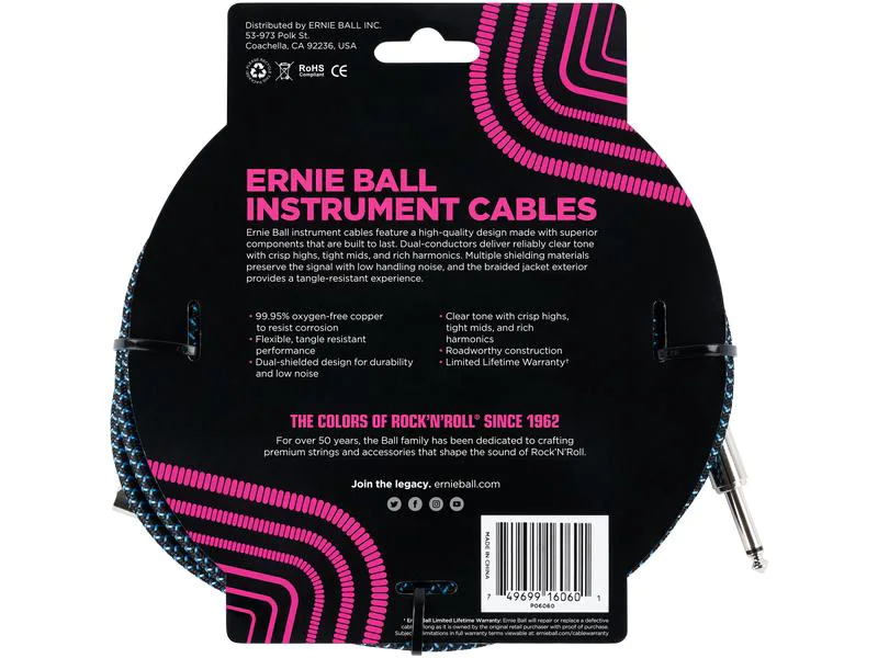 Ernie Ball Instrumentenkabel 6060 – 7.62 m, Blau/Schwarz