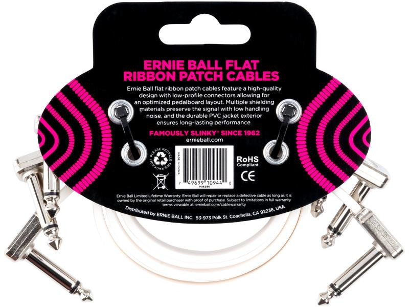 Ernie Ball Patch-Kabel 6386 Flat Ribbon, 3er Pack – 0.3 m, Weiss