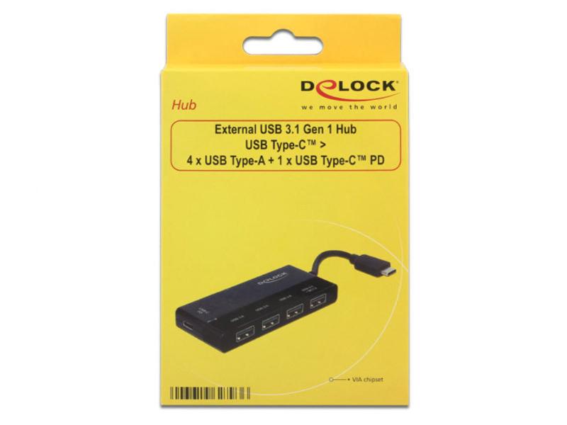 Delock USB-Hub USB 3.1 Typ-C Gen1 - 4x USB-A + 1x USB Typ-C mit PD