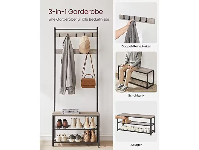 VASAGLE Garderobenständer 70 x 175 x 32 cm, Braun/Schwarz