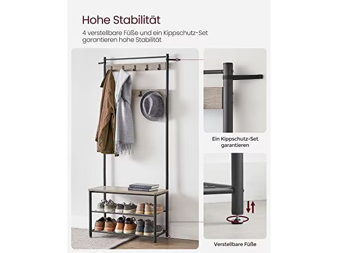 VASAGLE Garderobenständer 70 x 175 x 32 cm, Braun/Schwarz